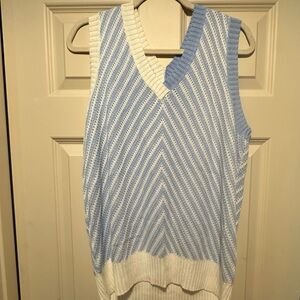 Sleeveless Light Blue and White Knit V-Neck Sweater Vest